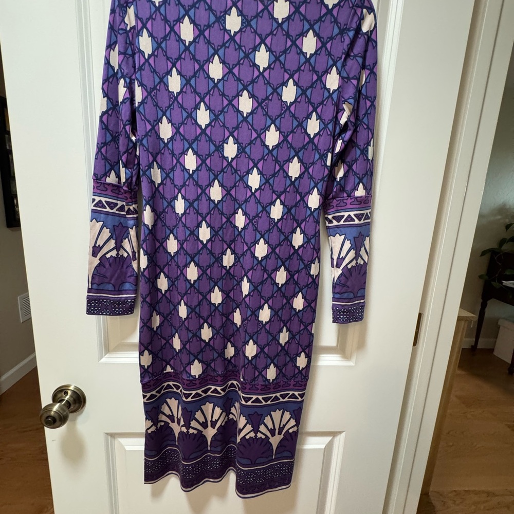 Tory Burch Purple and Cream Long Sleeve Dress. Jersey Silk.